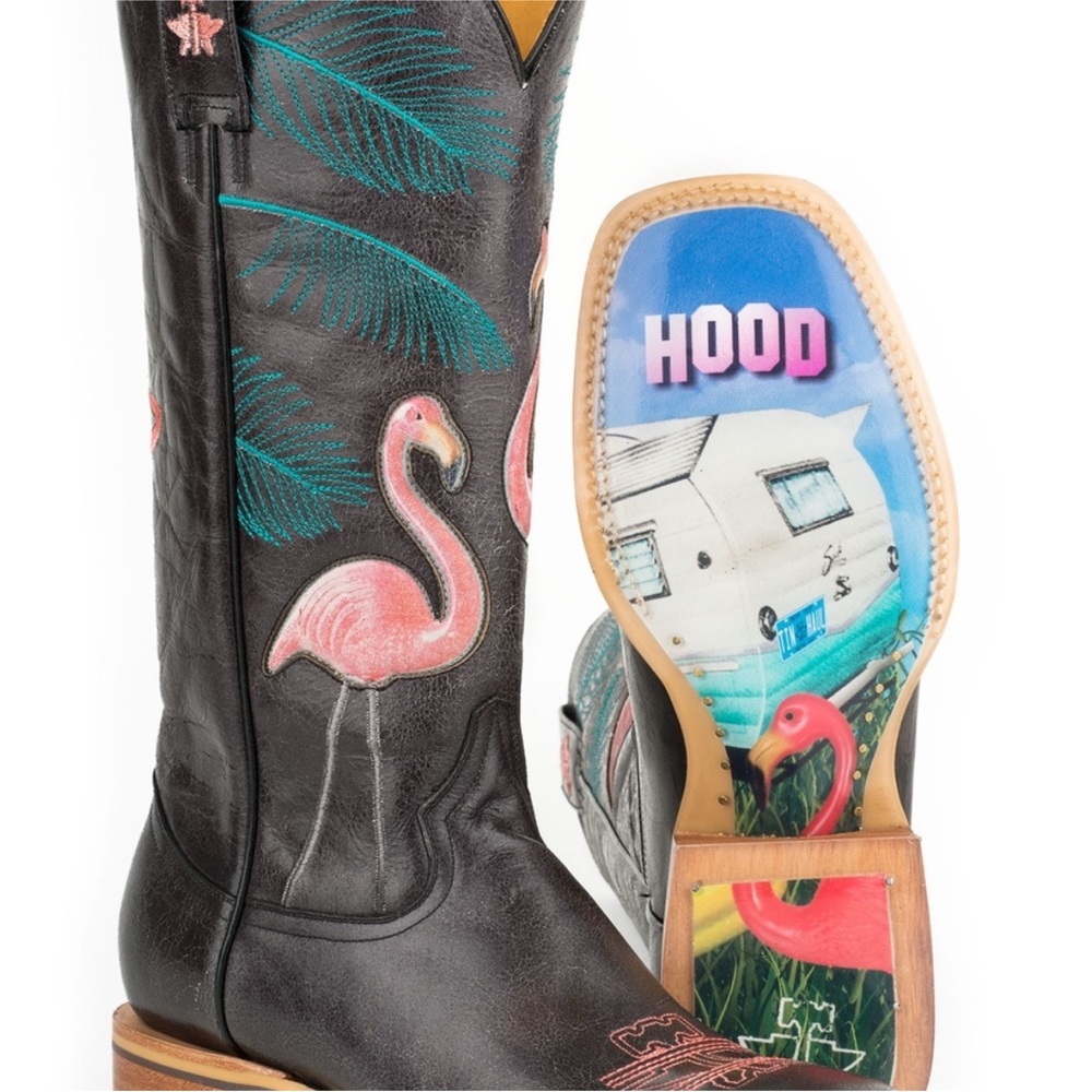 Tin Haul Black and Pink Flamingo Heeled Boots